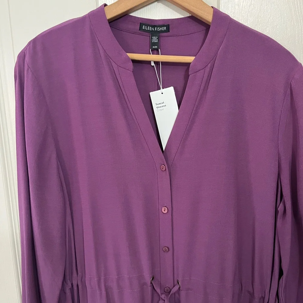Eileen Fisher NWT Button-Front Long-Sleeve Drawstring Tencel Shirt Dress